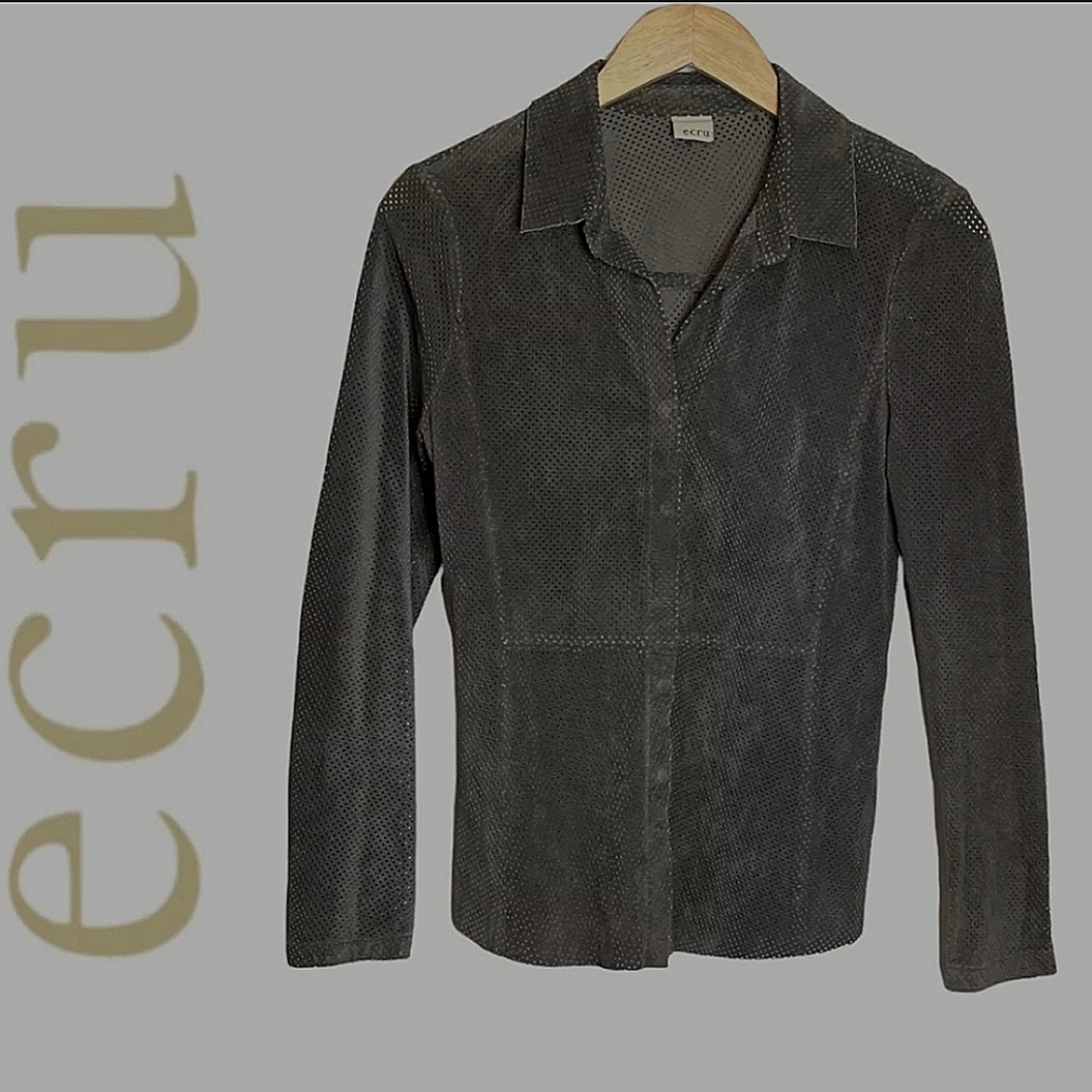 ECRU SAGE PERFORATED SUEDE BUTTON DOWN SHIRT SIZE SMALL